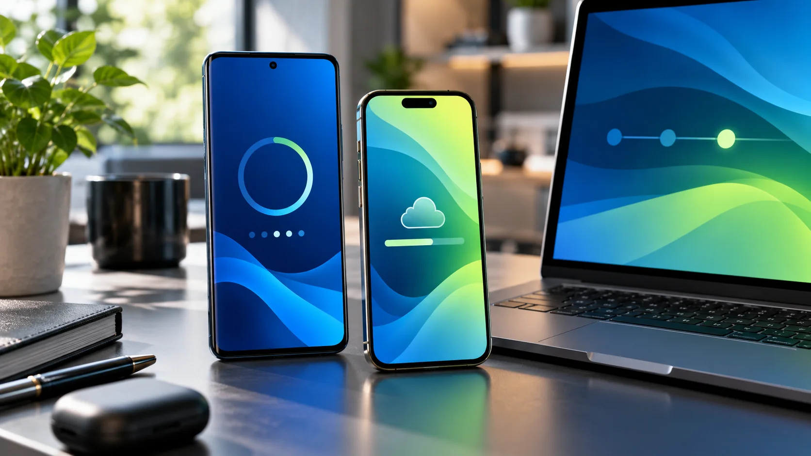 Two mobile devices showing abstract app release screens