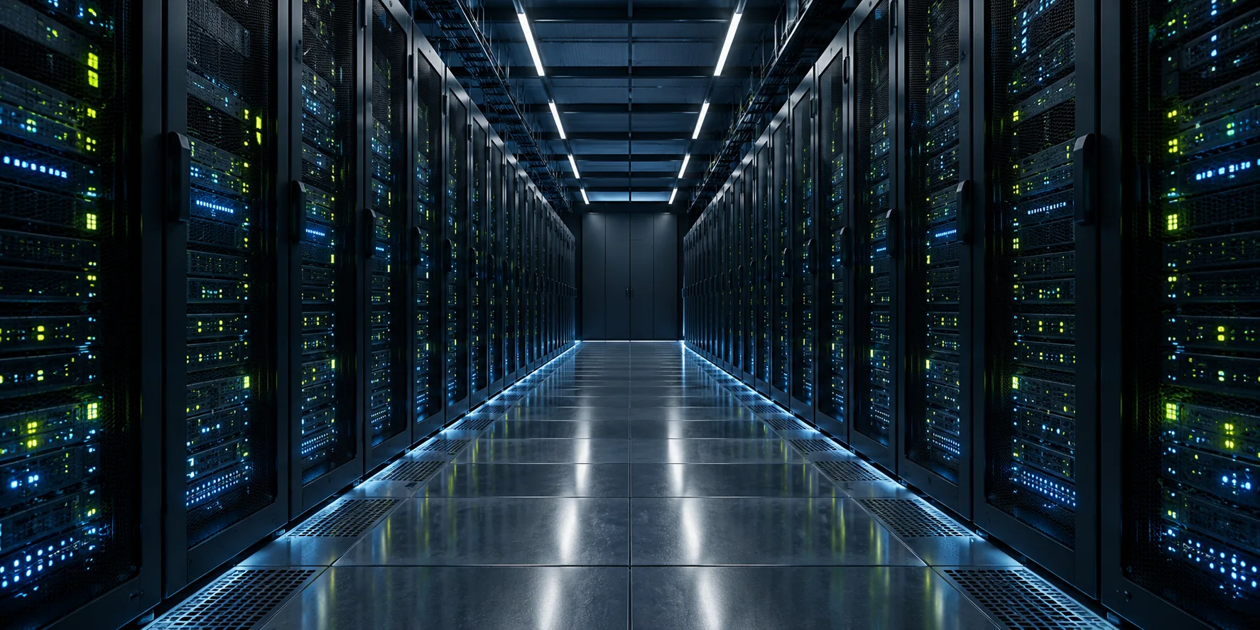 Rows of modern server racks in a data center corridor