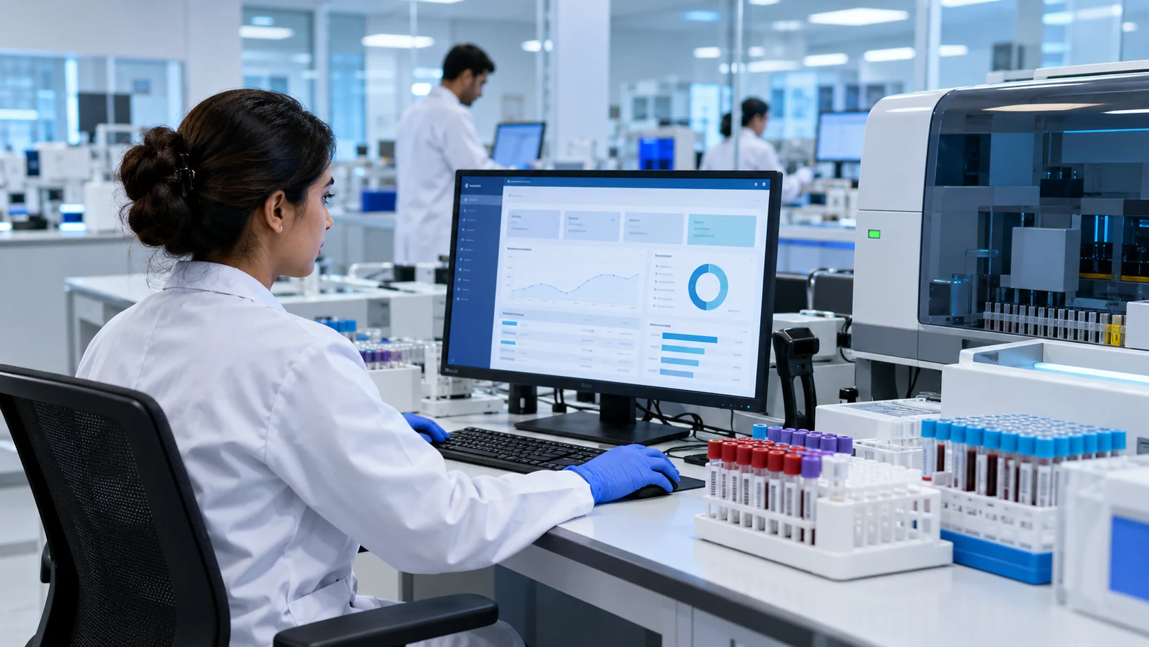 Laboratory professional reviewing a diagnostic workflow on a computer