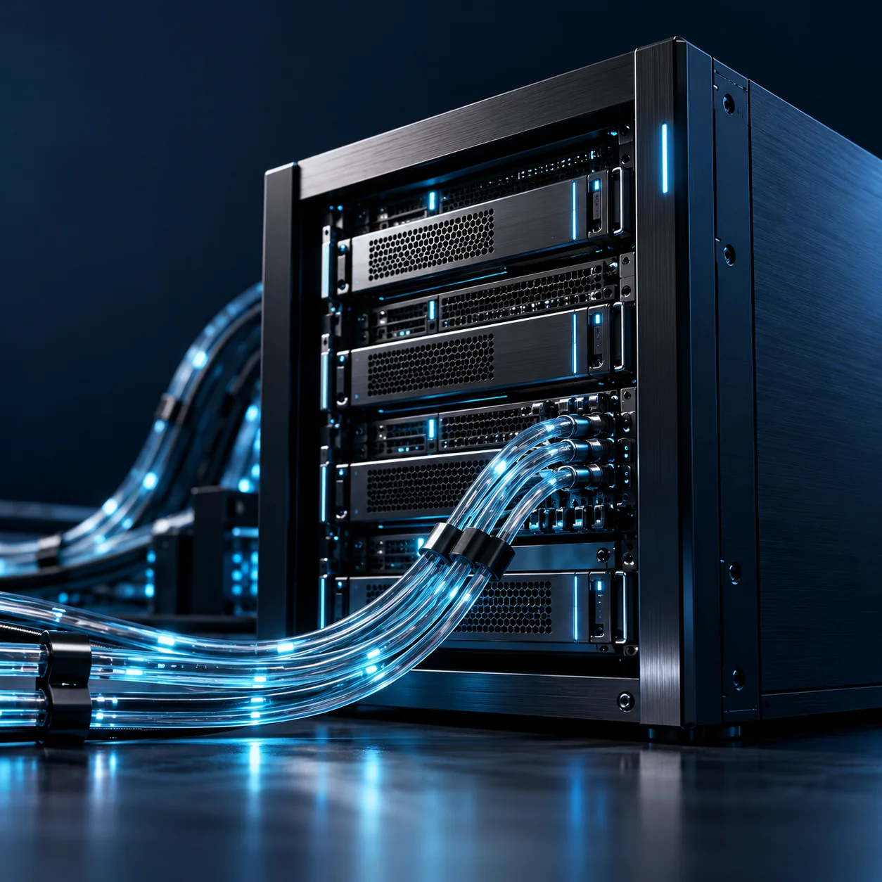 Professional server infrastructure with glowing fiber cables