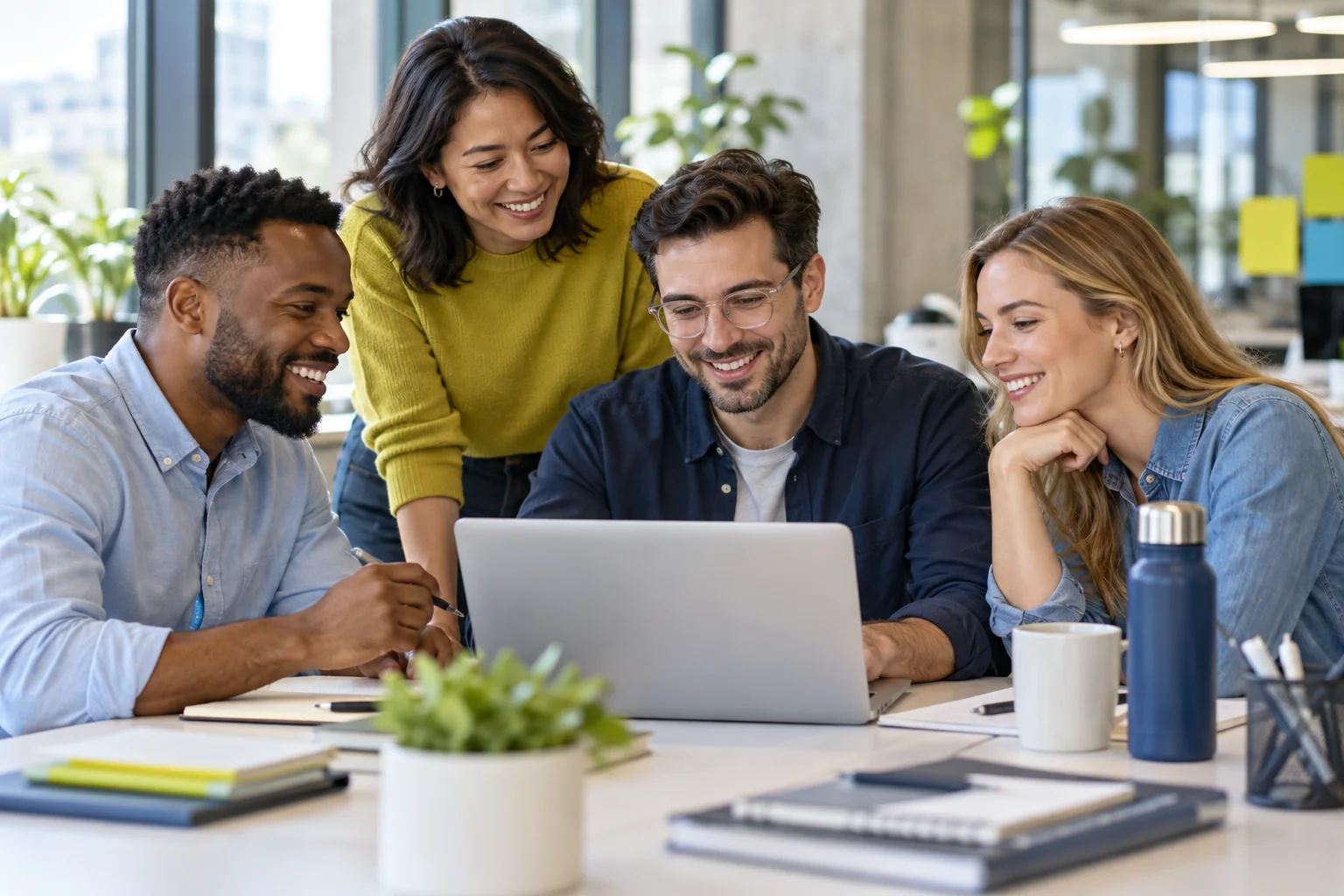 Team collaborating around a laptop in an office