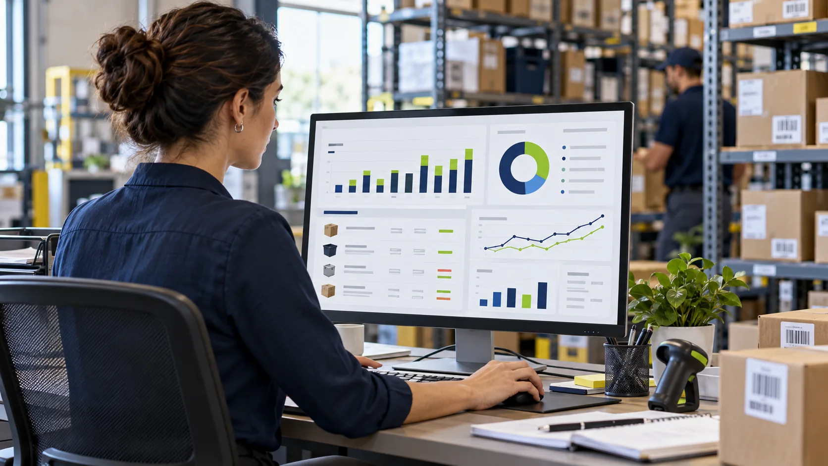 Operations professional reviewing inventory and finance dashboards