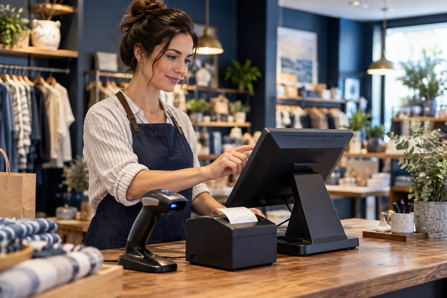 Retail shop owner using a point of sale terminal