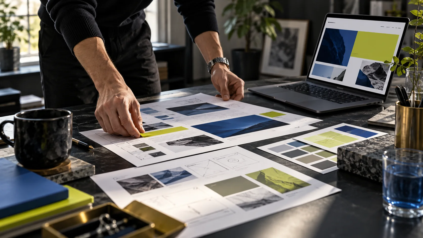 A designer reviewing website layouts and visual direction